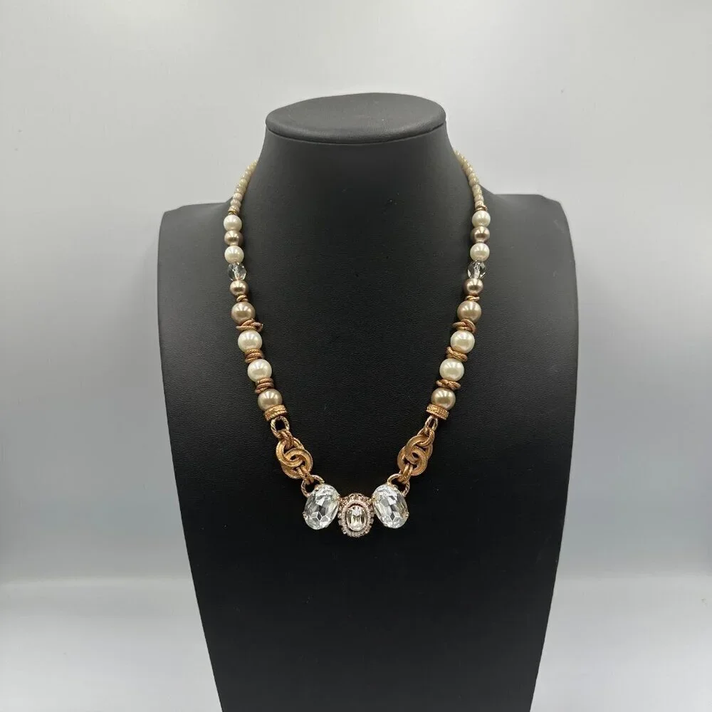 Elisabetta Ricciardi Necklace Rose Gold Tone Faux Pearl Clear Crystal Beaded 16